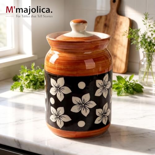 Image of Orange Floral Ceramic Handglazed Pickle Jars Set of 1-1000 ML Each | 1 kg Achaar Martban Barni Jar with Lid | Ceramic Storage Jar Container Pickle, Chatney