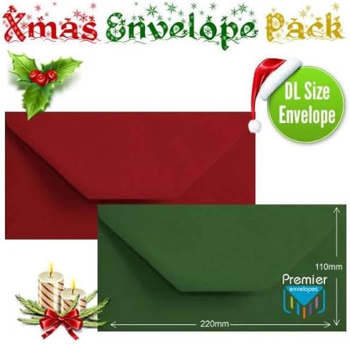 50 Red Green Xmas Card Envelopes Coloured DL Gummed Christmas Card Envelopes