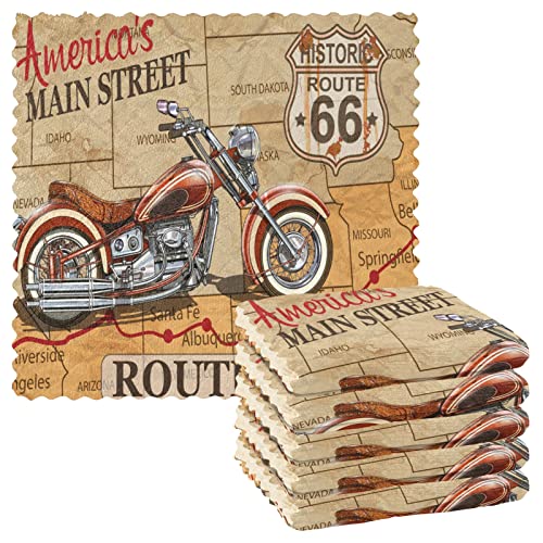 ALAZA 6 Pack Kitchen Cloth Dish Towels, Vintage Route 66 Motorcycle Poster Super Absorbent Coral Velvet Dishtowels, 11x11 Inches