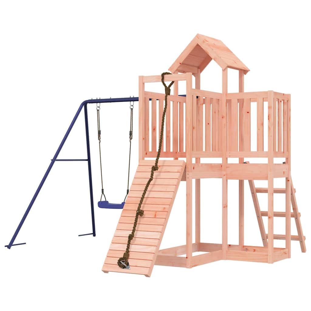 Torre da gioco in legno massiccio Douglasie con parete da arrampicata, scala, piattaforma e altalena singola, dispositivo da gioco da giardino per bambini all'aperto, giocattolo stabile per