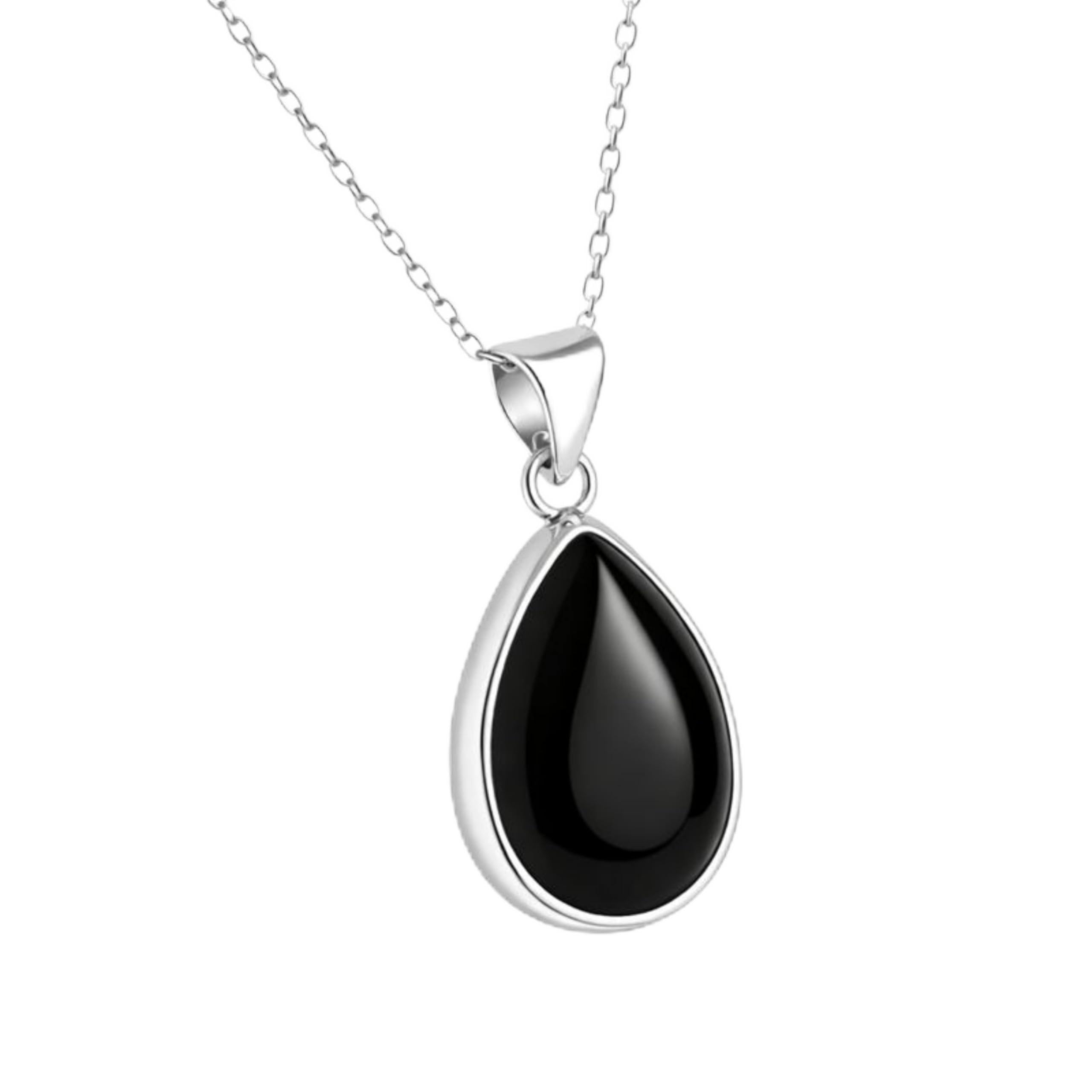 Collar Colgante Plata Esterlina 925 Hecho a Mano 5x20mm Ónix Negro en Forma de Lágrima 40+5cm Cadena