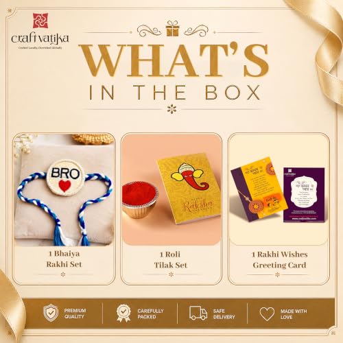 Image of CraftVatika Premium Crochet Rakhi for Brother Boy Men Bhaiya, Embroidered BRO Rakhi Set of 1 for Brother, Handmade Designer Rakhis for Rakshabandhan, Raksha Bandhan Raki with Greeting Card and Tillak Set