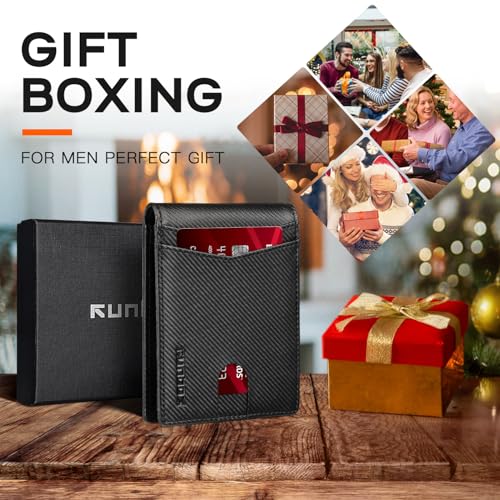 Image of RUNBOX Wallet for Men Slim Leather Bifold RFID Blocking Minimalist Front Pocket Design with Gift Box