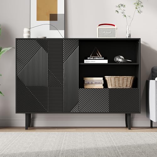 HAINEW Cómoda moderna con 2 puertas y 1 cajón, armario de almacenamiento para bufé, armario auxiliar con 2 compartimentos abiertos para cocina, salón, color negro