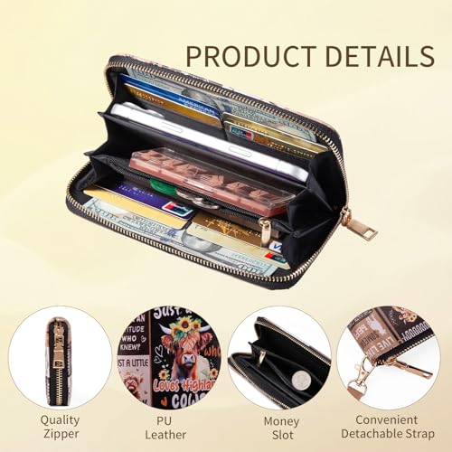 Image of Checkered Highland Cow Print Book Wallet For Women Skull Goth Frog Butterfly Ladies Cluth Wristlet Wrist Strap Long Purse Zip Around Card Holder