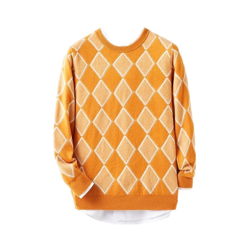 Men's Wool Plaid Sweater Crew Neck Pullover Loose Long Sleeve Jumper Thick Vintage Casual Top