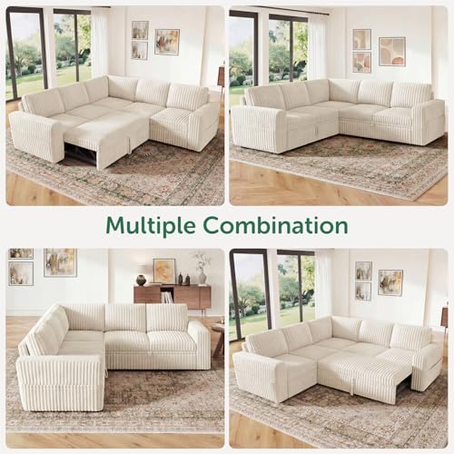 Image of HONBAY Modular Sectional Sleeper Sofa with Pull Out Bed,Corduroy L Shaped Couch with Storage, Sectional Couches for Living Room,Beige
