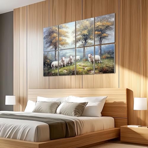 8 Paneles Acústicos Artísticos Absorbentes de Sonido, Vintage con Diseño de Ovejas y Árboles en Estilo Granero, Autoadhesivos, para Estudios de Grabación y Oficina 48"x32" miniatura 5