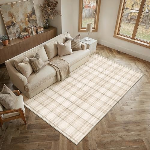 6x9 Beige Area Rug for Living Room Bedroom Machine Washable Low Pile Checkered Carpet Modern Accent Soft Non Slip Rug for Dining Room Nursery Office I