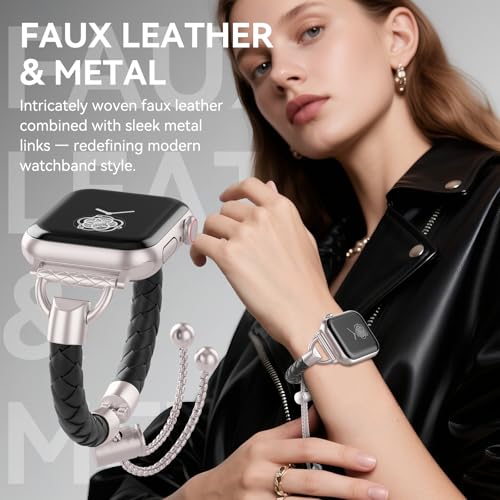 Image of Leather and Metal Band Compatible with Apple Watch Bands for Women,Adjustable Designer Cute Stylish Strap for iWatch Series11 /10 /9 /8 /7 /6 /5 /4 /3 /2 /1 /SE /Ultra