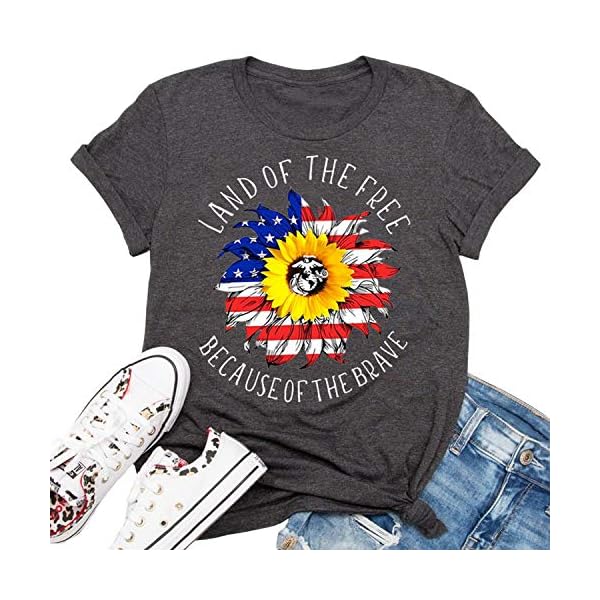 Qbily Womens American Independence Day T-Shirts Summer Cute USA Flag Sunflower Graphic Tees Tops