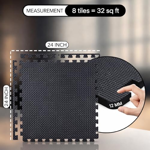 Image of EASY HOME Gym Mats for Floor for Home and Living Room, Interlocking Rubber Floor Gym Mat for Exercise, Super Absorbent EVA Foam Workout Mat- 60x60cm - 12mm Thickness, Black (Pack of 20 Tile- 80 Sq ft)