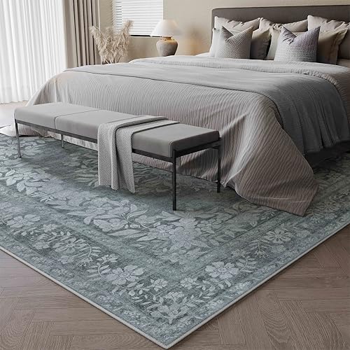 5x7 Area Rug Gray Washable Vintage Distressed Living Room Carpet Large Bedroom Indoor Medallion Floral Non Slip Retro Throw Floor Mat for Office Dining Room Kitchen Bathroom