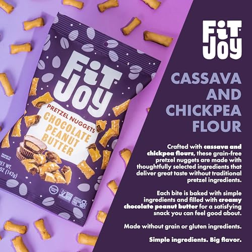 Image of FitJoy Chocolate Peanut Butter Filled Pretzel Nuggets - Grain, Dairy & Gluten Free Crunchy Snack Bites with Creamy Peanut Butter and Rich Chocolate Filling, Sweet and Salty Treat - 4 Pack, 5 Oz Bags