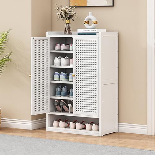 Armario de ratán para entrada de zapatos con zapatero de bambú para pasillos estrechos, zapatero en color blanco, muebles de pasillo para sala de estar y dormitorio (60 x 32 x 93 cm)