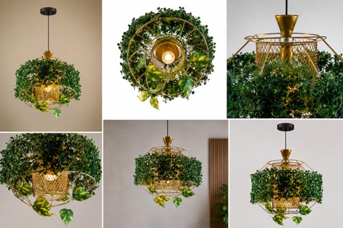 Image of with Bulb Golden MetalCage with Artificial Planter Shaped Pendant Lamp | Hanging Lamp for Living Room| Ceiling Lamp for Bedroom, Kitchen, Balcony, Restaurant /Cafe, for Home Decor