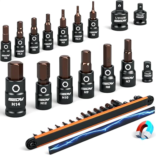 Allen-Wrench Hex Bit Socket Set: 16-Piece Hex Socket Set with Magnetic Socket Rail Organizer 1/4, 3/8, 1/2-Inch Drive H2-H14 Hex Key Sockets with Adapter for Professional Garages Workshop
