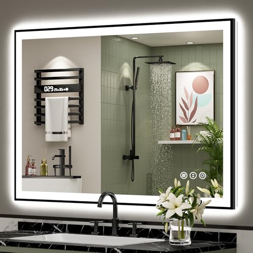 Image of 48x36 Black Framed LED Bathroom Mirror with Lights, Backlit and Front Lit Anti-Fog Lighted Vanity Mirror for Bathroom Wall, Dimmable, 3 Colors, Memory, Shatter-Proof, HD Tempered Glass, CRI 95