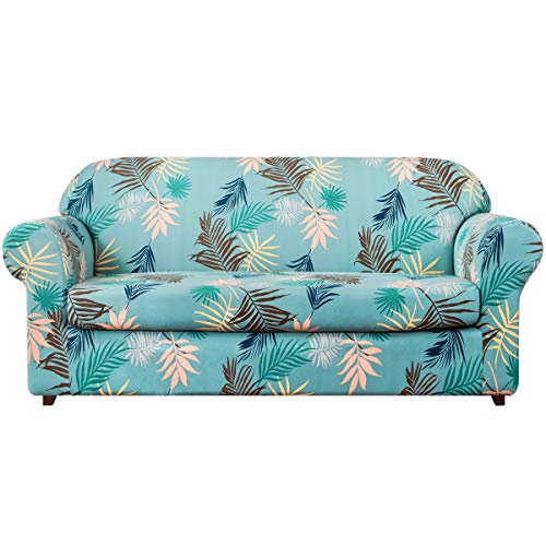 subrtex 2-Piece Durable Soft High Stretch Printed Slipcovers Washable Furniture Protector for Sofa Couch Home Decor(Medium,Aqua)