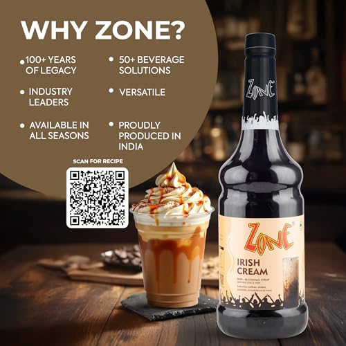 Image of Zone Flavoured Syrups 1000ml - Premium Cafe-Style Syrups for Mocktails, Cocktails, Milkshakes, Coffees, Iced Teas, Sodas & Desserts | Perfect for Home Use, Small Cafes, Bars & Gifting (Irish Cream)
