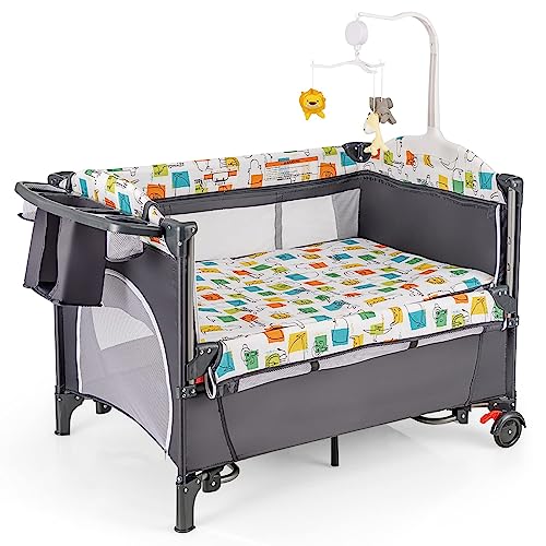 RELAX4LIFE 5 in 1 Lettino Neonato con Materasso, Culla da Campeggio con Fasciatoio e Cintura di Fissaggio, Altezza Regolabile in 4 Livelli, Adatto a Bambini da 0 a 36 Mesi (Grigio)