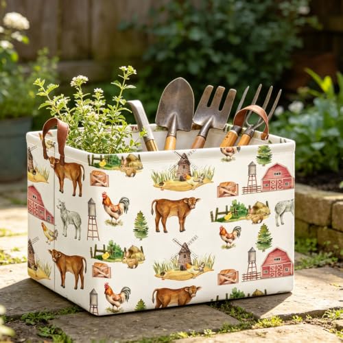 Image of Rectangle Storage Basket with Handles,Collapsible Storage Bin,Books Box,Gift Basket(Farm)