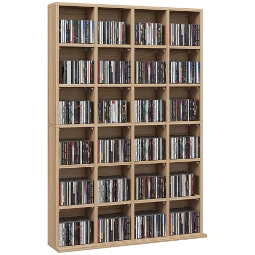 HOMCOM Rangements pour CD et DVD, Meuble de Rangement multimédia en Bois avec 24 Compartiments, étagères Ajustables, capacité jusqu'à 456 CD/336 DVD, bibliothèque, 89 x 20 x 130,5 cm, Bois Naturel