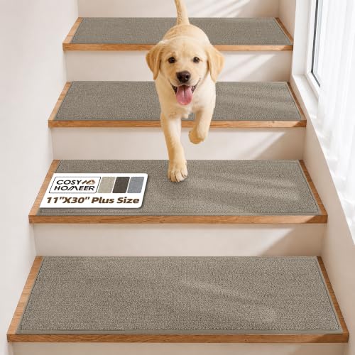 COSY HOMEER Stair Treads Non-Slip Carpet Stair Treads for Wooden Steps, Indoor Stair-Runner Rugs for Kids Elders & Pets Plus Size 30"x11" (15Pc, Beige)