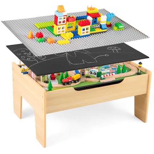 GOPLUS 100Pcs Table Circuit de Train Enfant en Bois, 2 en 1 Table Rail de Train Enfants 3 + Ans Pistes Tiroir de Rangement, pour Garçons et Filles 3 Ans+...