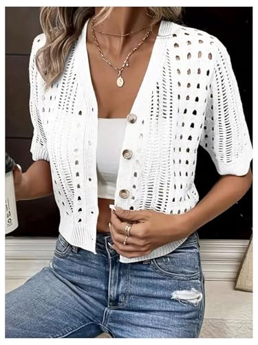 GORGLITTER Women's Summer Cardigans Lightweight Hollow Out Short Sleeve Button Down Knit Sweaters3