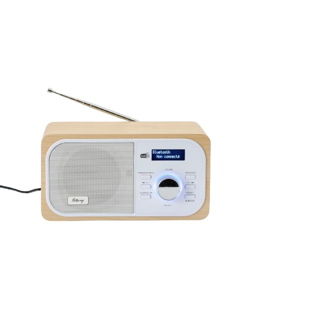 Halterrego Radio Dab+/Dab/FM, Connexion Bluetooth, Double Alarme, écran LCD, Luminosité réglable, antenne téléscopique, RMS 3W, Adaptateur Inclus, Couleur Bois