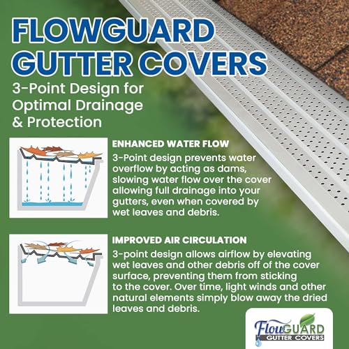 Image of FlowGuard Gutter Guard, USA Made Professional DIY 5 Inch 50-Year Gutter Cover Leaf Protection System - White - Aluminum - 102 Feet - by FlexxPoint