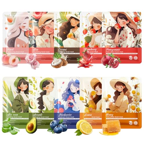 10 Stück Tuchmasken Gesicht Set, Gesichtsmasken Set mit Obst & Pflanzenextrakte, Anti Aging Feuchtigkeitsmaske Gesicht, Gesichtsmaske für Frauen & Kinder, Teenager Mädchen Geschenke