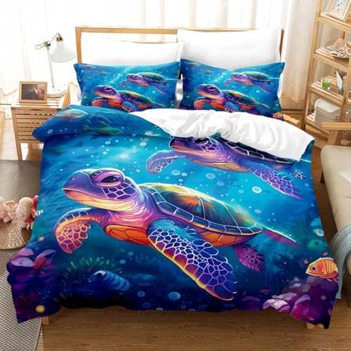 TKCQX Housse de Couette Enfant Tortue de Mer Housse de Couette 90x190 Enfant Fille GarçOn ThèMe Marin Parure de Lit 1 Personne en Microfibre avec Fermeture éClair +...