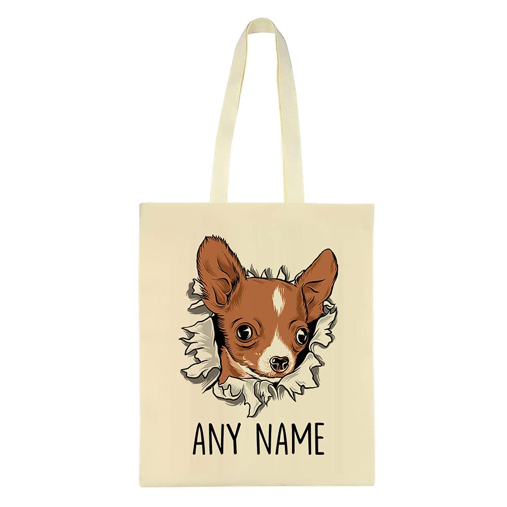 Getagift Personalised Chihuahua Dog Miniature with ANY NAME, Gift for Pet/Dog Owner, Friends, Family, Birthday Present, Reusable Bag, Bag for Life, Shopping Bag, Tote Bag. (Natural)