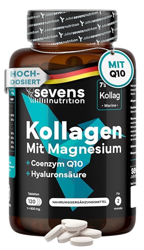 Kollagen Kapseln Hochdosiert Premium Kollagen Hydrolysat Komplex mit Hyaluronsäure Q10 Magnesium & Vitaminen A C D3 B12 + Zink Laborgeprüft 120 Tabletten Sevens Nutrition