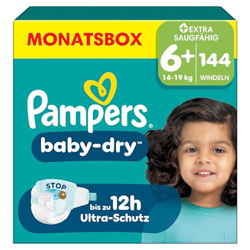Pampers Baby-Dry Größe 6+ 144 Windeln 14kg-19kg Bis zu 100% Auslaufschutz & Komfort die ganze Nacht