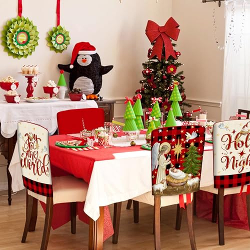 Image of TREWAVE Christmas Chair Covers Set of 6 Buffalo Plaid Nativity Scene Chair Back Covers Holiday Dining Chair Slipcovers Protector Kitchen Dining Room Decor Festival Party Decoration