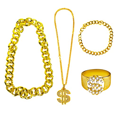 GWAWG Hip Hop Accessories Men Set 4 Constume Kit 80s 90s Party Funky Outfit Decorations Includes Rapper Gold Chain Bracelet Earrings Ring