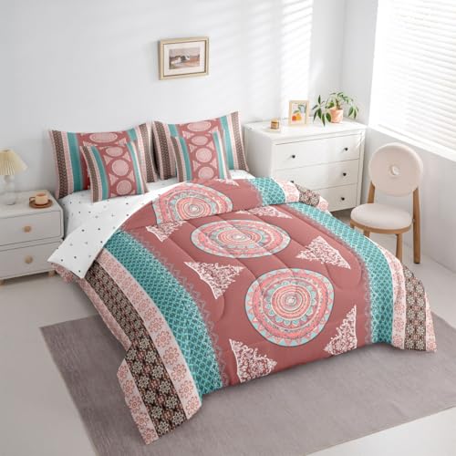 Image of Boho Decor Bohemian Bed in a Bag Queen Comforter Set 7-Piece,Paisley Flower Mandala Bedding Sets Moroccan Medallion Aztec Comforter and Sheet Set Ethnic Tribal Exotic Striped European Red Brown Green