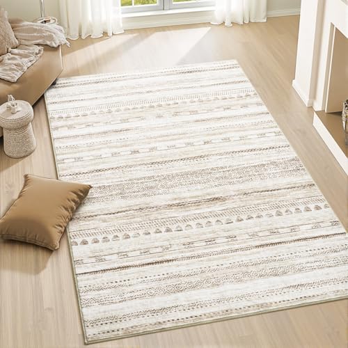 3x5 Area Rug Machine Washable Non Slip Rug Distressed Neutral Moroccan Boho Rug Ultra Soft Indoor Rugs for Bedroom Living Room Entryway Kitchen Foyer Bedside, Light Brown