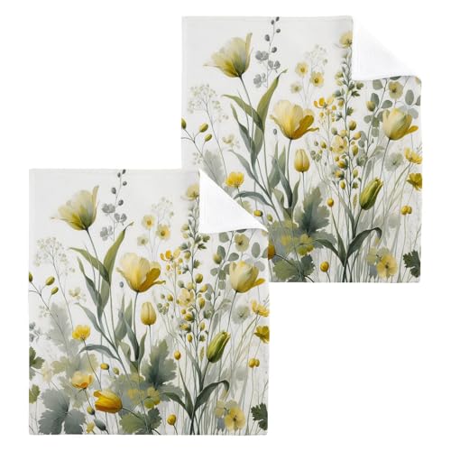 YANENDIE Tulips and Wildflowers Washcloths Towels, Highly Absorbent and Soft Cotton Face Cloths, 2 Pack Quick Dry Wash Cloths - 12 X 12 Inches