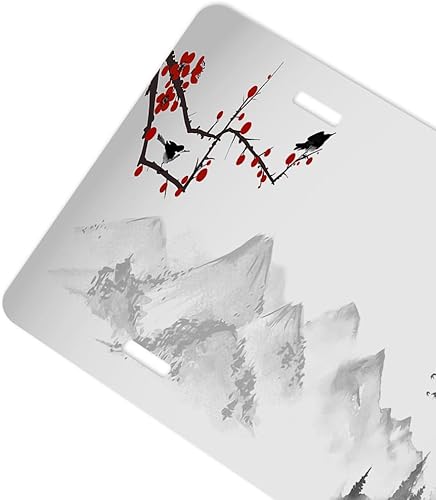 Miniatura 3 de HOSNYE Placa de matrícula de pájaros en flores de cerezo y montañas lejanas, cubierta de placa de matrícula delantera de automóvil, placa decorativa