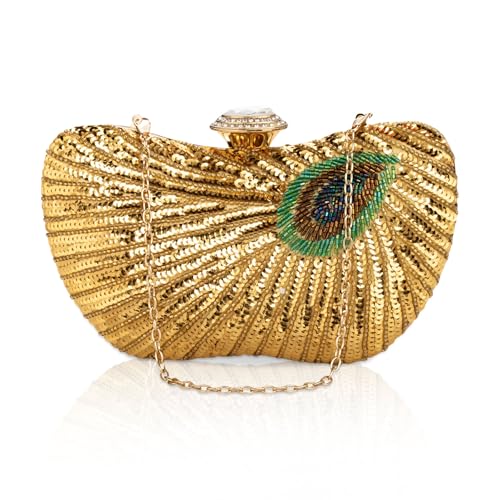 Image of Peacock Clutch Purse Evening Handbags for Womens Vintage Crossbody Shoulder Bags Sequin Feather and Detachable Chains (Gold)