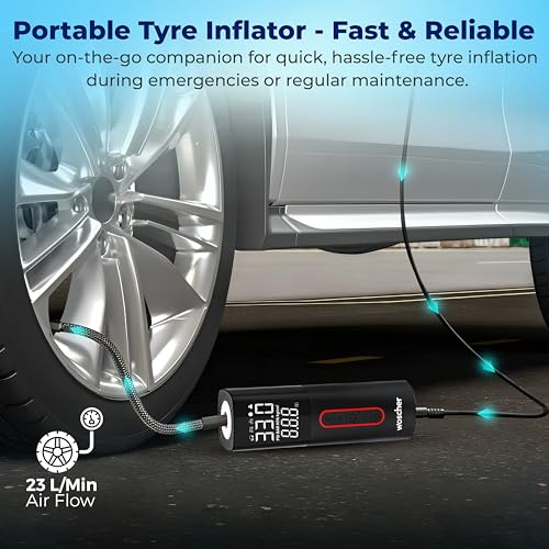 Image of Woscher Tallboy Wired Digital Tyre Inflator for Car & Bike | 150 PSI Air Compressor | Auto Shut-Off | Digital Display | LED Light | 12V DC Portable Air Pump | Tyre Inflator Kit