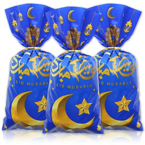 Eid Zellophanbeutel 100 Stück Ramadan Mubarak Kunststoff Süßigkeitentüten mit Drehverschlüssen Eid Moon Zellophan Leckerli Tüten für Muslimischen Islam Ramadan-Mottoparty