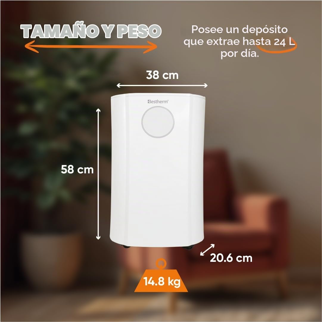 BESTHERM - Deshumidificador de aire BESTHERM - Feryel 24L/día, depósito extraíble, filtro de carbón activado, ionizador integrado