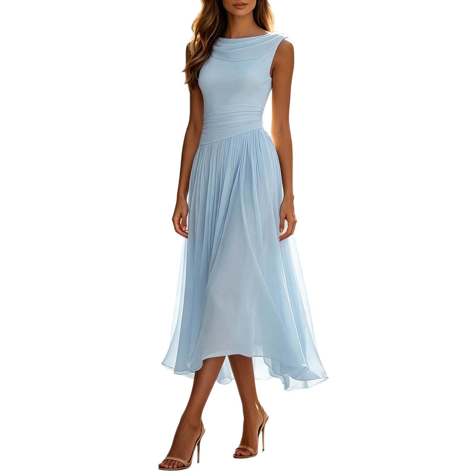 Elegante Vestido sin Mangas para graduación y Fiesta en la Playa. Corte Femenino Informal con Escote Redondo sin Hombros.