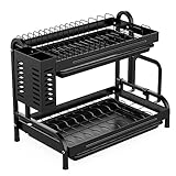 Dish Drying Rack, GSlife Metal 2 Tier Dish Rack Rust-Resistant Dish Drainer with Utensil Holder, Cutting Board Holder Set for Kitchen Counter, Black