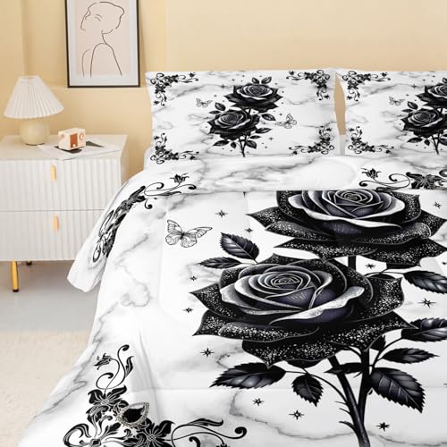 Image of QOOMO Black Flowers Bedding Set, Queen Size